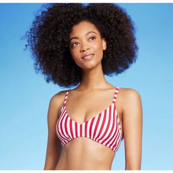 Shade & Shore NWT swim size 36D red/white striped bikini top underwire - Picture 3 of 11
